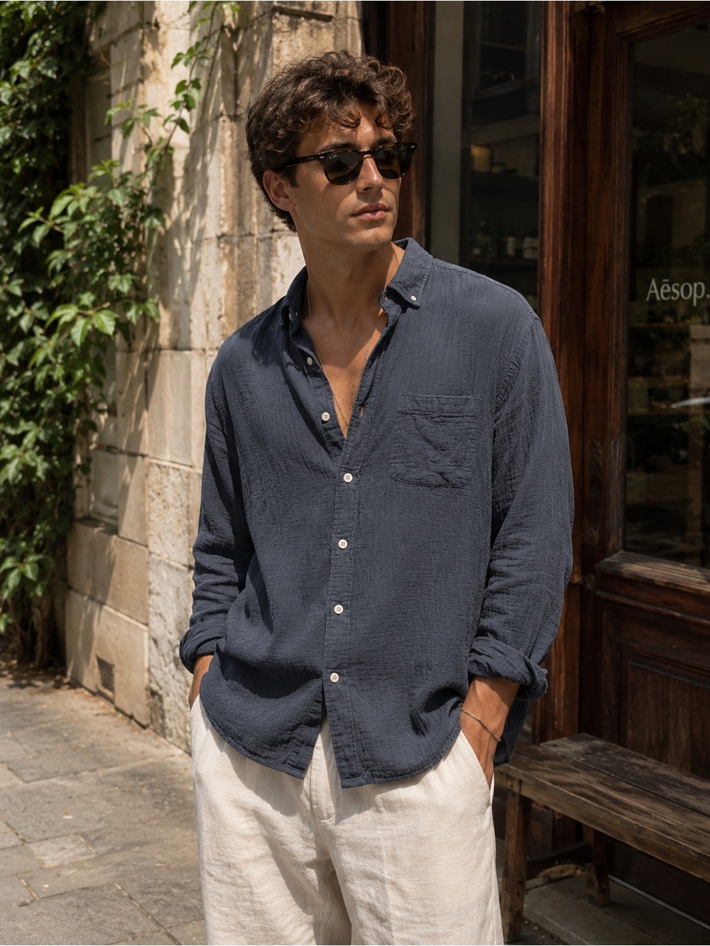 UpWest Men’s Organic Cotton Gauze Button Down Shirt Blue Large